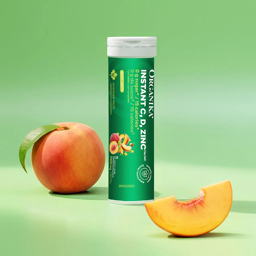 Vitamine C, D + Zinc instantané Pêche Immunité - 1000 mg — Boîte de 8 | Organika