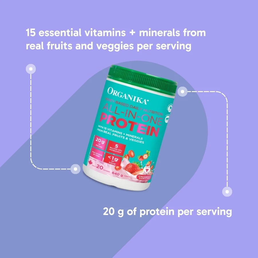 Protéine Whey Nutrition quotidienne Tout-en-un Fraises et crème — 640 g | Organika