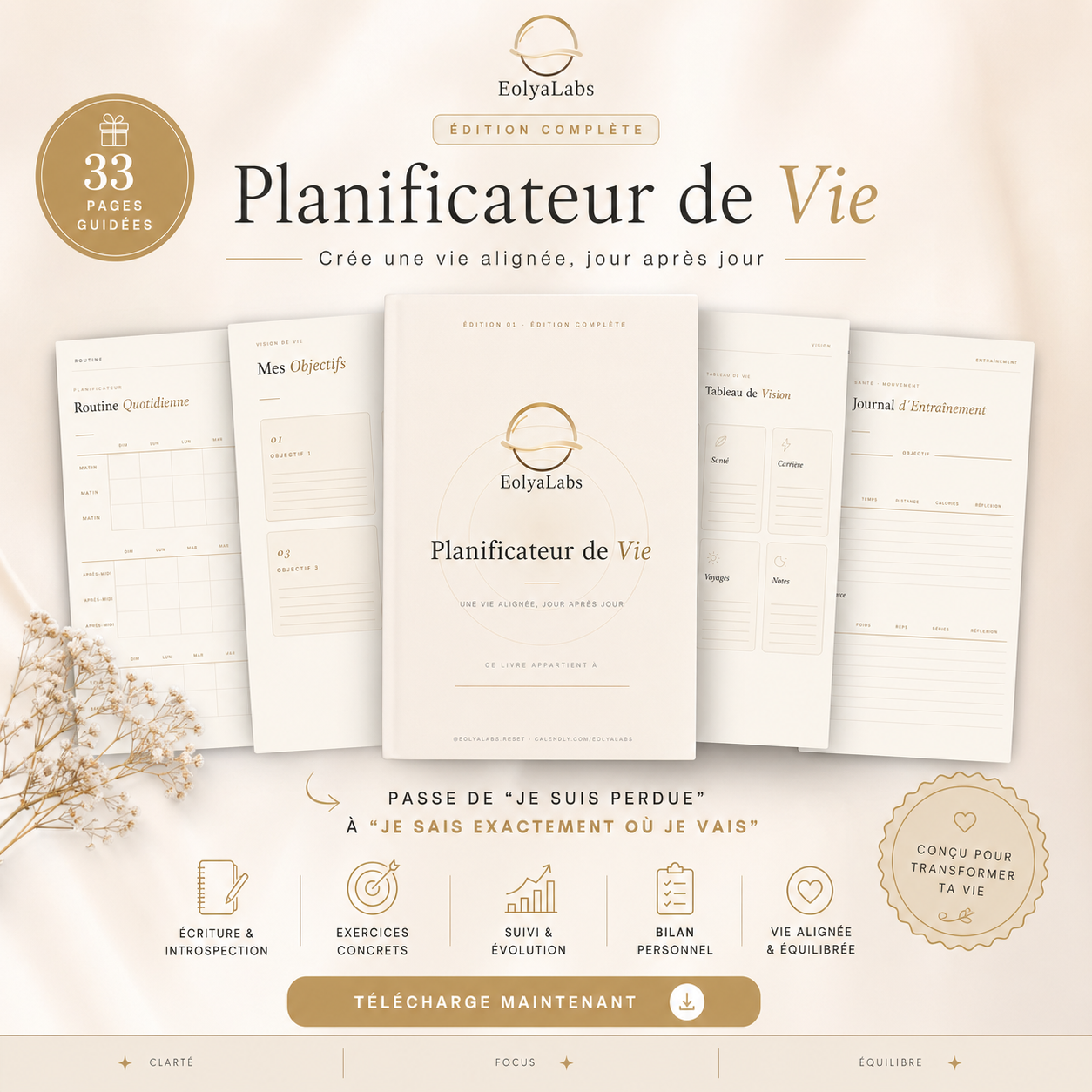 Planificateur de Vie – Eolya-33 pages guidées pour une vie alignée